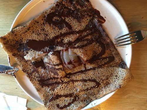 Galette (buckwheat pancake) with melted dark chocolate and pear at La Relève in Agon-coutainville