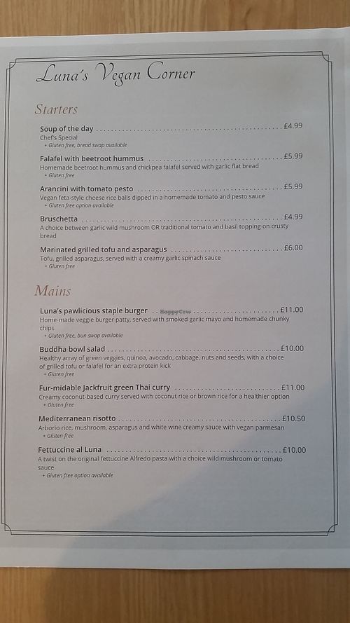 Menu at Luna's Vegan Corner in Cardiff