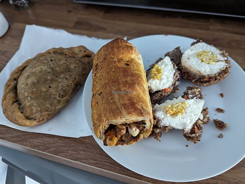 Vegan pasty, roll and scotch egg at Llangollen Oggie Shop & Fine Foods in Llangollen