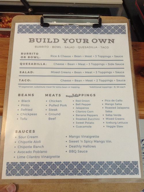 build-your-own menu including burritos, bowls, salads, tacos and quesadillas at De Olla Burritos in Peterborough