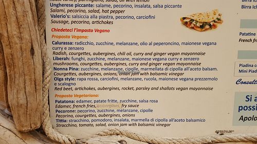 Vegan & veggie part of the menu at La Piadina del Pozzo in Alghero