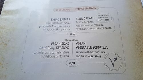 Vegan menu at Uzupio Kavine in Vilnius