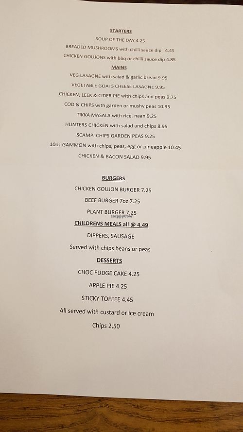 Menu at The Palace Vaults in Caernarfon