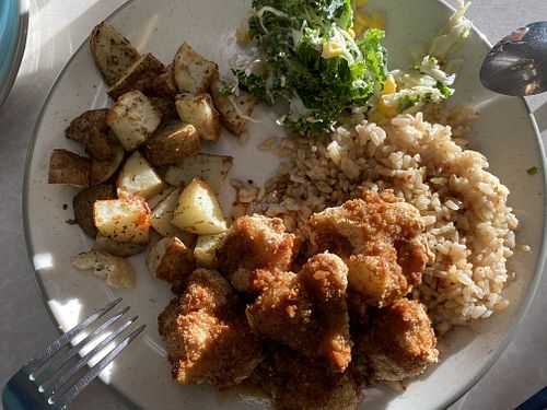 Chicken and rice - perfectly spicy and sweet! at Frannie's Vegan Cafe in Johnson City