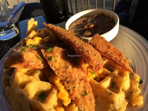 Vegan chicken and waffles at Watercourse Foods in Denver