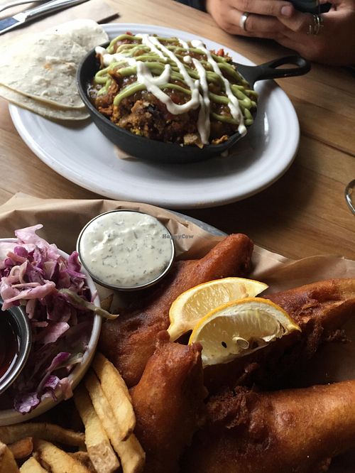 Tofish And chips, Mac and cheese  at Watercourse Foods in Denver