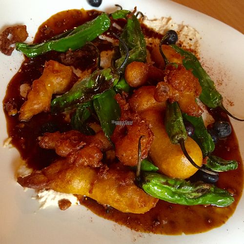 shishito peppers with fried mushrooms at Watercourse Foods in Denver