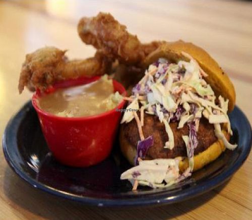 po boy: a crispy portobello mushroom cap on a bun topped with chipotle aioli and coleslaw. served with your choice of 2 sides. at Watercourse Foods in Denver