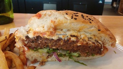 Classic Burger -- so satisfying, and you can add extras like Daiya shreds, fried onion, etc.  Filling and delicious! at Watercourse Foods in Denver