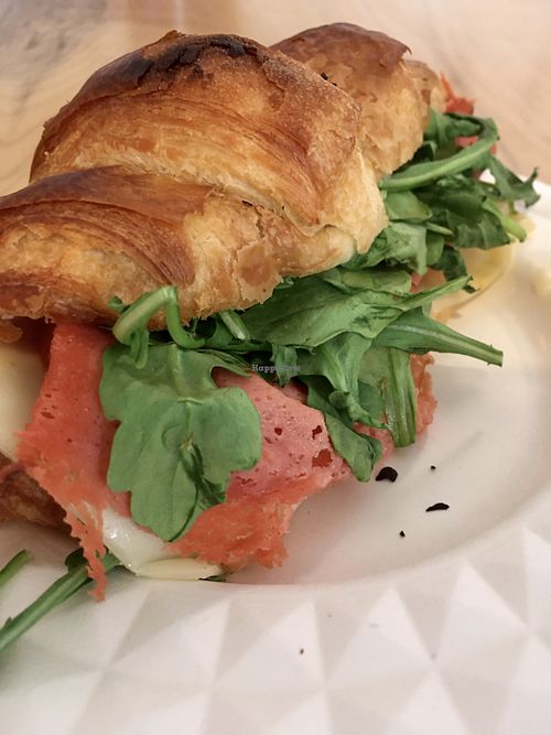 Vegan pastrami and cheese croissant sandwich  at bloomer's in Toronto