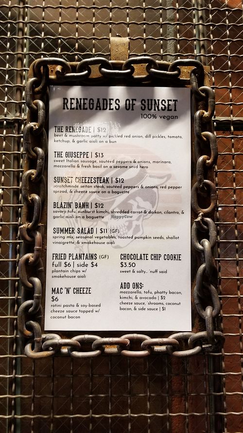 Menu as of 09/05/20 at Renegades of Sunset in Brooklyn