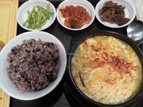 Spicy tofu stew. Warning: quite spicy. But very good! at Loving Hut - Yonsei University in Seoul