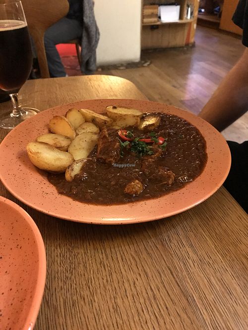 Vegan goulash - vegan option is served with potato rather than dumplings  at Maitrea in Prague