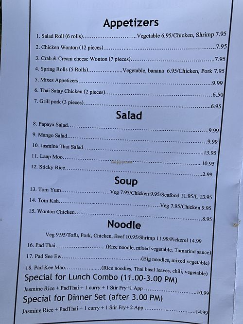 Menu at Smile Thai in Gimli