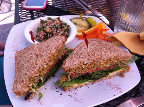 Mock toona sandwich with tabbouleh at Shangri-La Tea Room and Vegetarian Restaurant in Boise