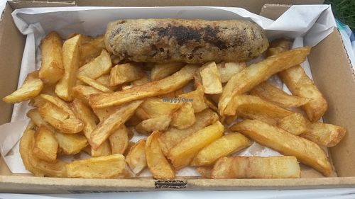 Battered vegan Lincolnshire sausage and chips at Lanchester Fish Bar in Lanchester