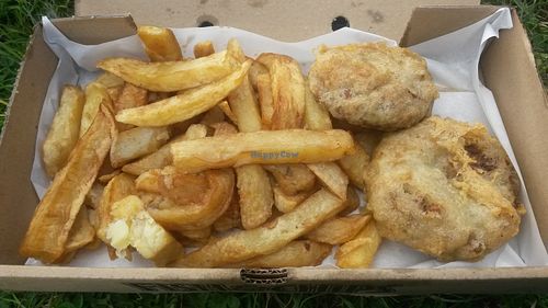 Vegan haggis and chips at Lanchester Fish Bar in Lanchester