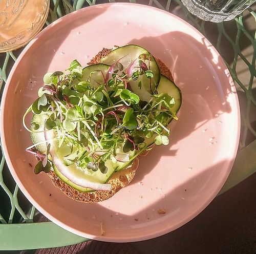 Toast.
CUCUMBER 6.5
cucumber, onion, house cashew cheese, sea salt at Happy Day Juice - Northeast in Portland