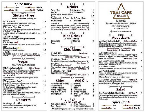 Menu at Thai Cafe  in Siloam Springs