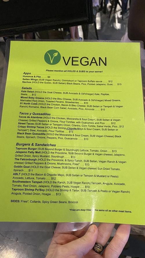 Ask for vegan menu at 51 North Taproom in Nashville
