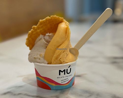 Papaya + peanut-red fruit Italian ice. at Mú Gelato Italiano in Lisbon