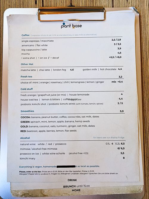 Menu page at Plant Base at Plant Base in Berlin
