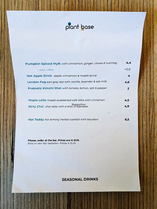 Menu page at Plant Base at Plant Base in Berlin