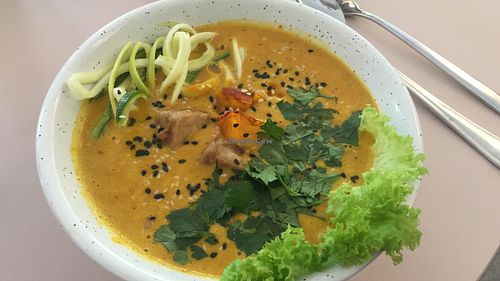 Peanut and sweet potato soup with zoodles and tofu at Plant Base in Berlin