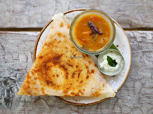 Masala Dosa – South India's answer to a crepe, stuffed with spiced mashed potato and served with vegetable sambar (stew) & coconut chutney at Curry Leaf Cafe – Kemptown Kitchen in Brighton