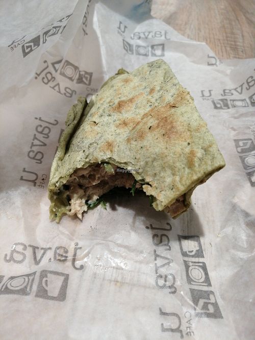 The Cubano have a "fake chicken" thing inside, lettuce and tomato at YUL - Java U in Montreal