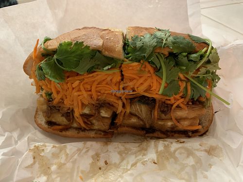Huge tofu bahn mi with fresh ingredients and their delicious mushroom sauce. at Bunny in Pacifica