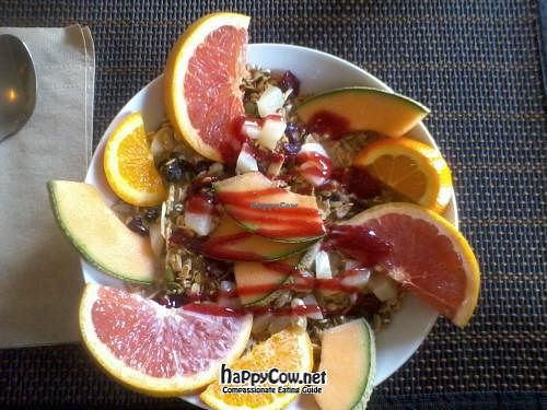 Oatmeal with fruit, soy milk at Cafe Babylone in Quebec