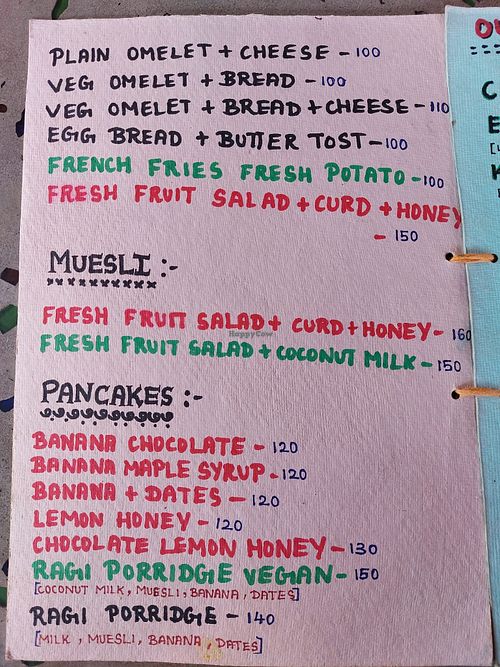 Vegan items in green at Raj's KofiBar in Auroville