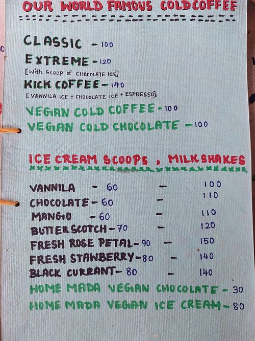 Vegan items in green at Raj's KofiBar in Auroville