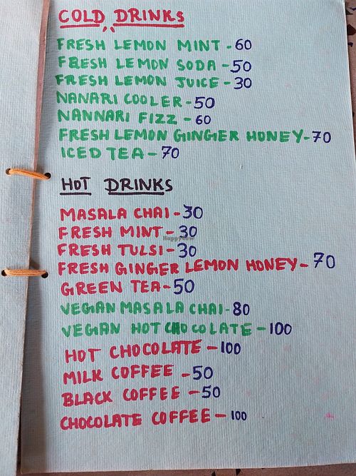 Vegan items in green at Raj's KofiBar in Auroville