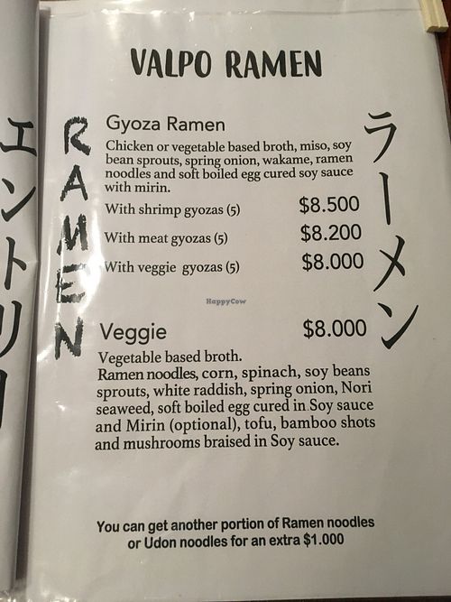Menu at Valpo Ramen in Valparaiso