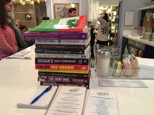 books for your reading pleasure at Peacefood Cafe - Uptown in New York City
