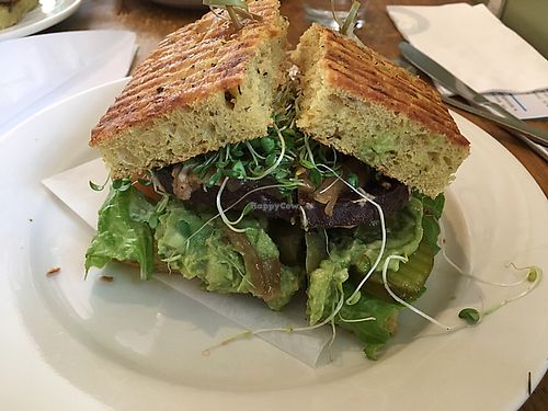 vegan cheeseburger at Peacefood Cafe - Uptown in New York City