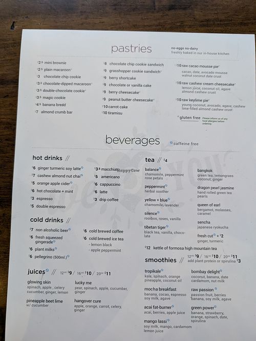 Pastries and beverage menu at Peacefood Cafe - Uptown in New York City
