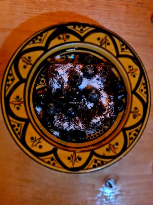 Chocolate brownie with blueberries at Fez in Swindon