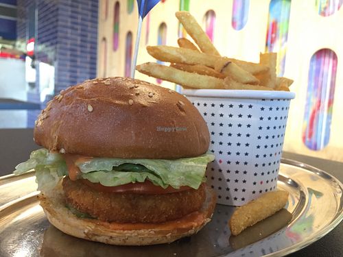 Vegan ‘chicken’ burger with small fries at Huxtaburger in Footscray