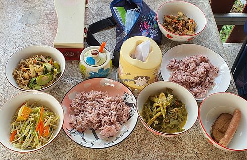 155 baht total. Some buffet items served in proper bowls. at Youta Vegetarian 1 in Mae Klong