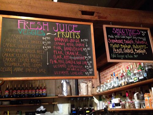 Juice and smoothie menu at Muddy Waters in Burlington