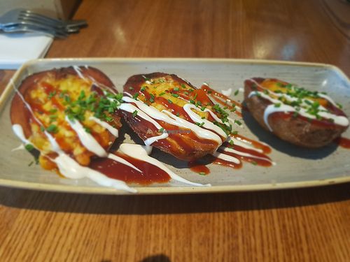 3 bean chilli potato skins with cheese, mayo and bbq sauce (vg) at Grey Horse Inn in East Boldon