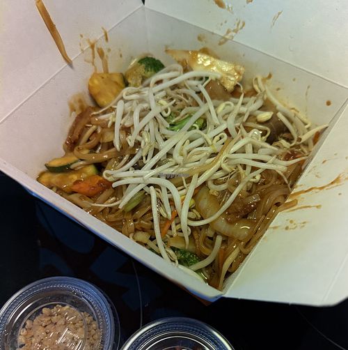 Vegan Pad Thai + vegan chicken (145kr). Terrible photo but good portion and taste.  at Pong Mall of Scandinavia in Solna
