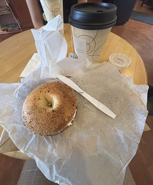 Bagel with vegan cream cheese and London Fog with soy milkk  at Thirsty Mind in South Hadley