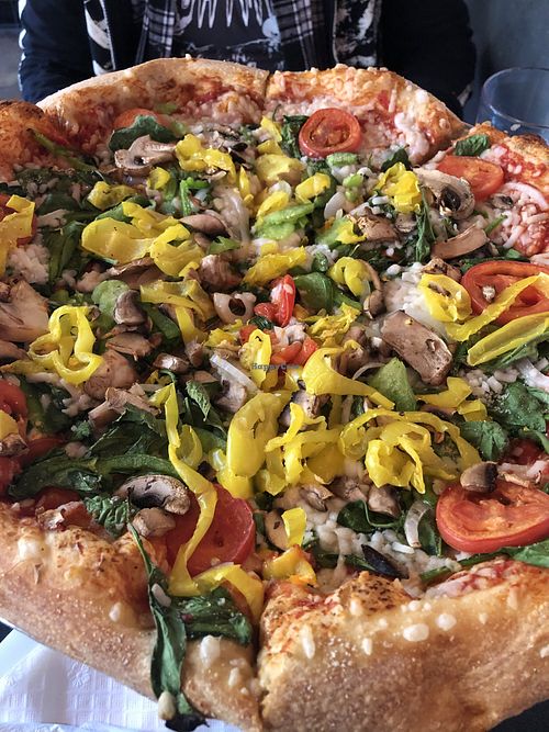 Amazing veggie pizza with vegan cheese  at Mellow Mushroom in Winston-salem