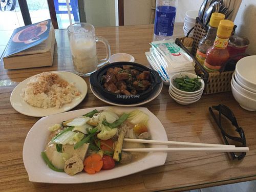Salt and pepper tofu, rice with soya sauce and vegetable noodles at Thien Duyen Ben Thanh in Ho Chi Minh City