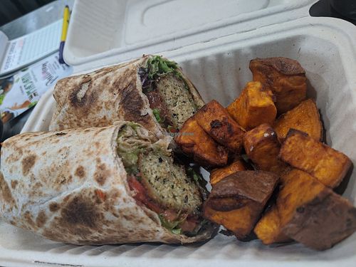 Black eyed peas wrap with sweet potato fries at Majani #2 in Chicago