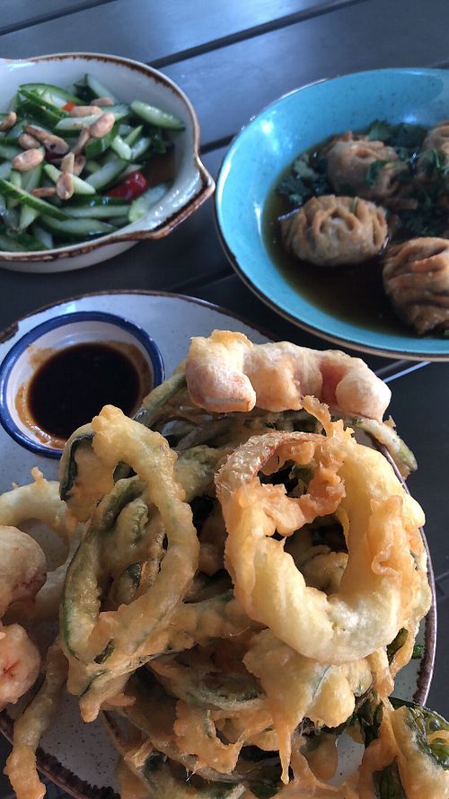 Pierożki w bulionie, morning glory w tempurze, sałatka z ogórka. at Soy Soy in Warsaw